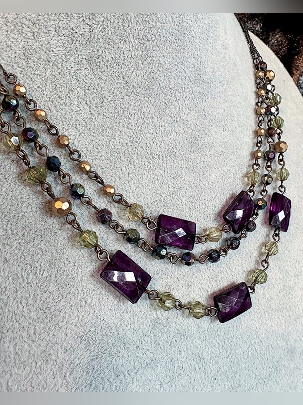 Avon Signed Olivine and Amethyst Three Strand Necklace